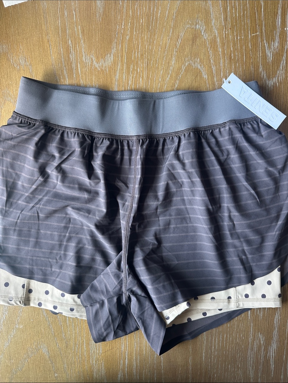 Senita Athletics 3” Split Dolphin Hem Short- Cocoa Stripe- BNWT; Size Large.